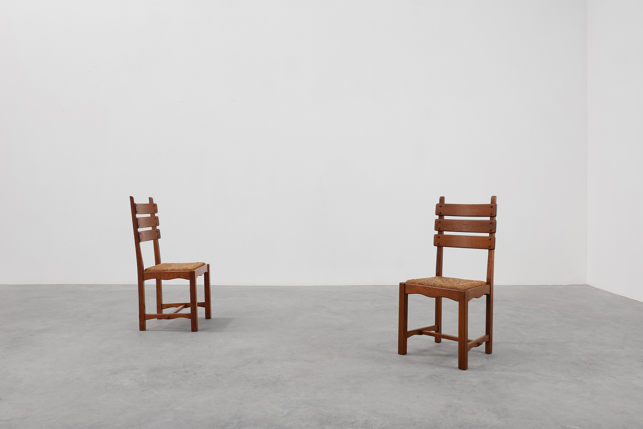 Pair of Mid-Century Brutalist Oak and Wicker Chairs, Belgium, 1960thumbnail